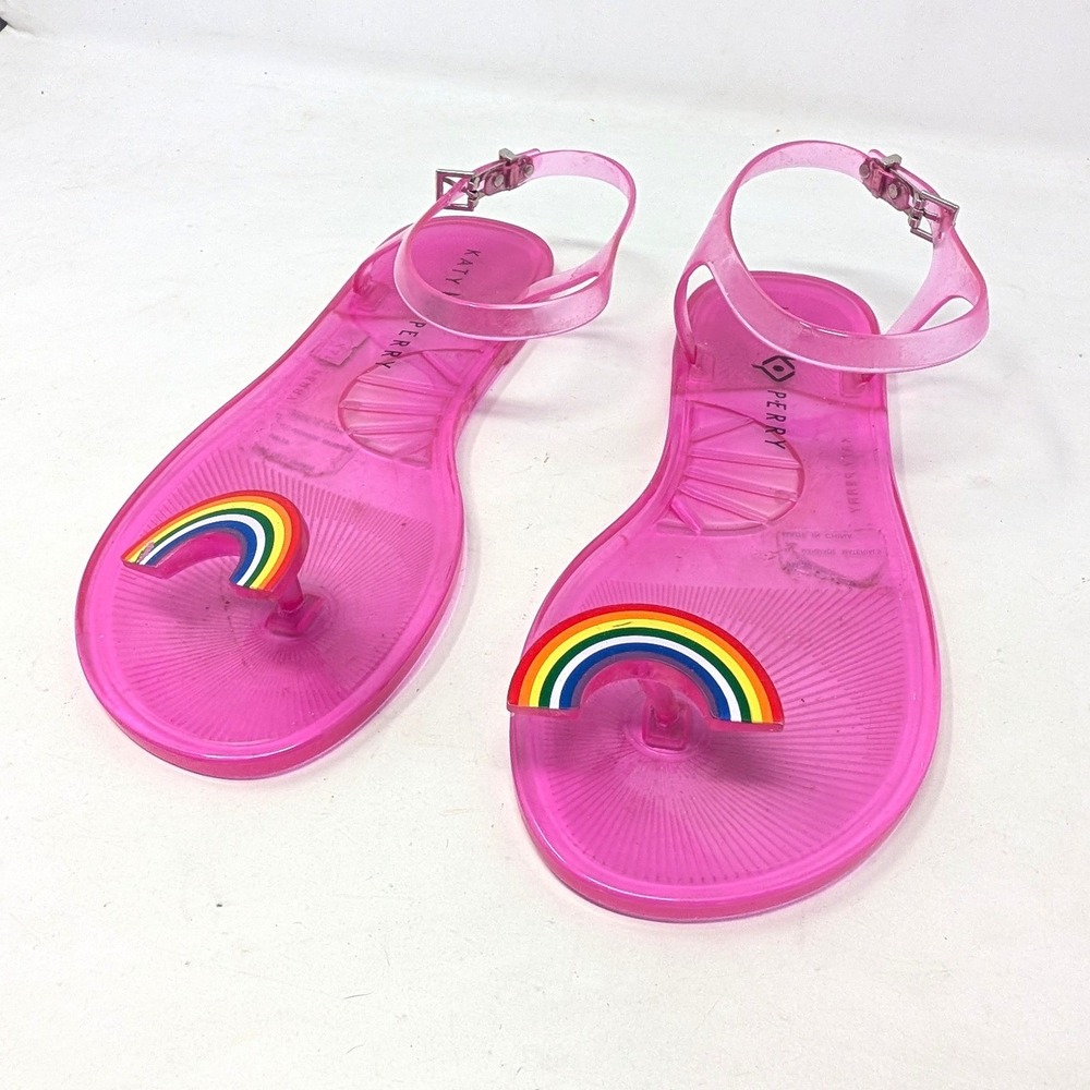 Katy Perry Geli Pink Rainbow Jelly Sandals Womens Size 9 Flat T-Strap Buckle